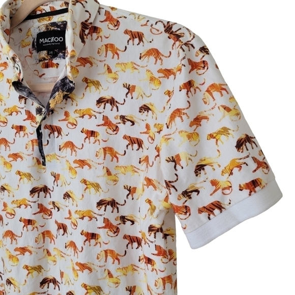 Maceoo Cotton Button-Down Polo Tiger Print White Orange - Picture 4 of 8